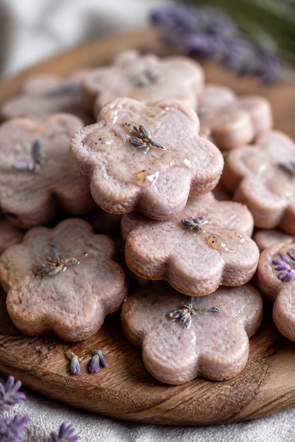 Close-up of lavender honey shortbread cookies on a wooden board