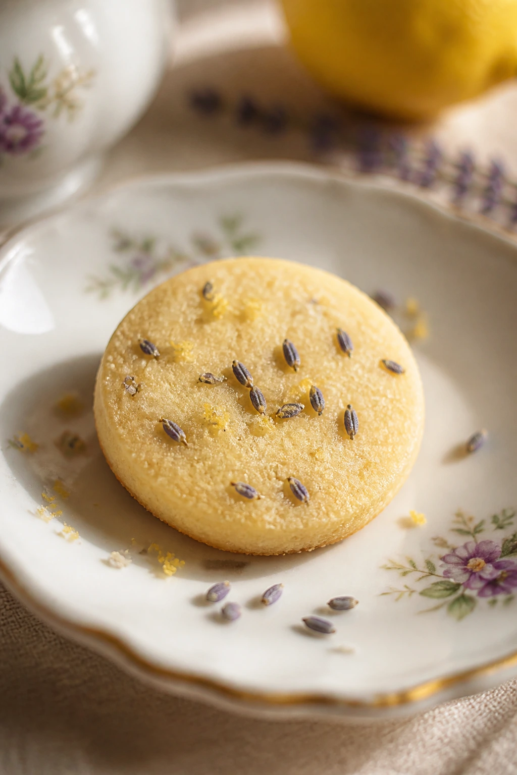 Tiny lavender lemon tea cookie with lavender dust