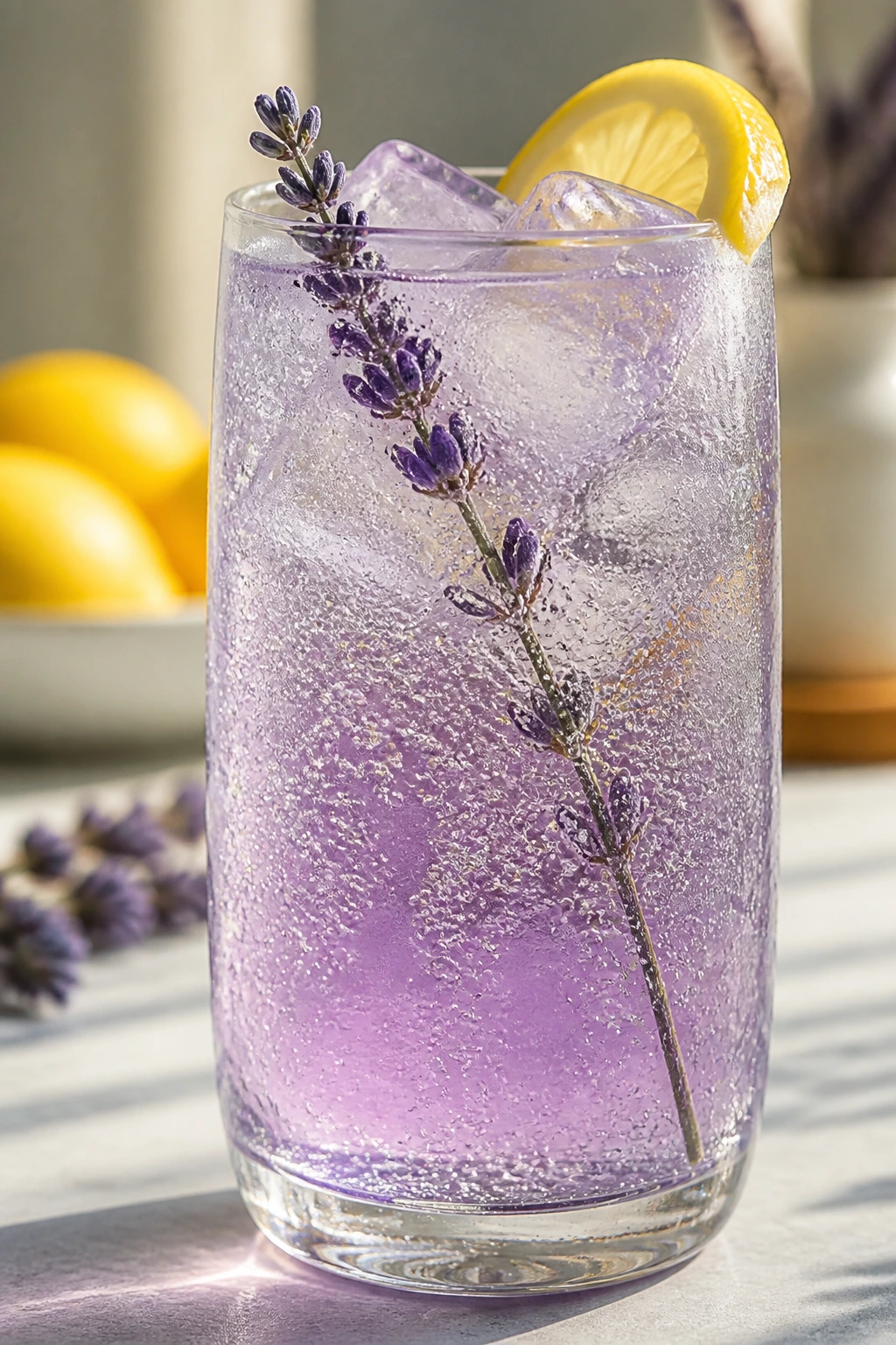 Close-up of lavender lemon spritz in a glass with lavender sprig