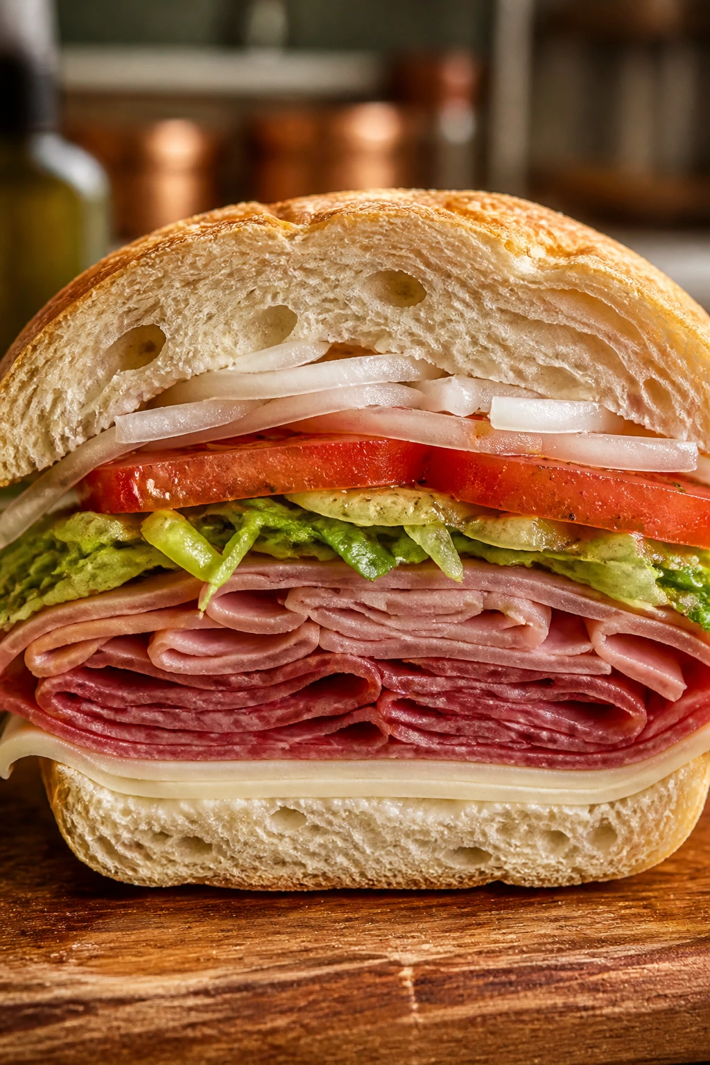 Cross-section showing proper order of cheese, meats, and vegetables in an Italian sub