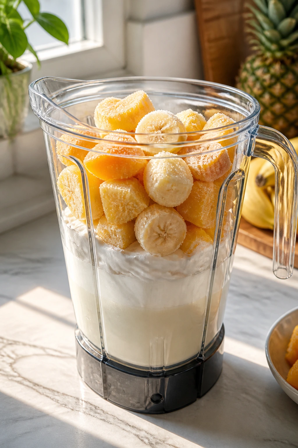 Blender jar showing layered liquids and frozen fruit ready to blend