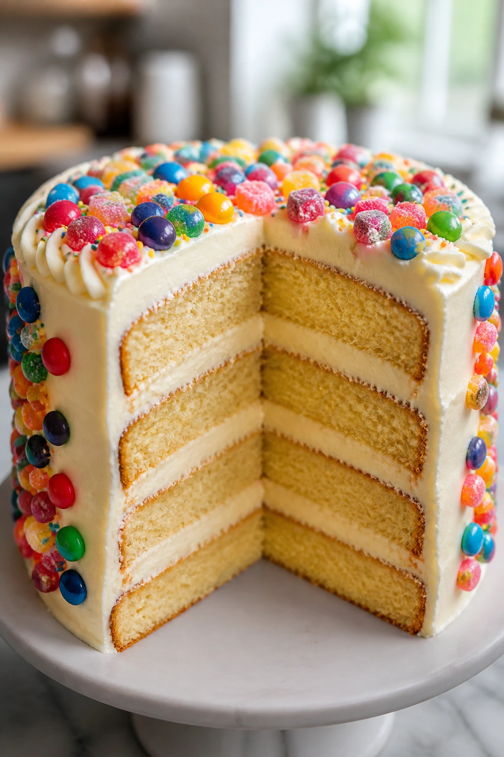 Close-up of a frosted layered cake on a kitchen counter
