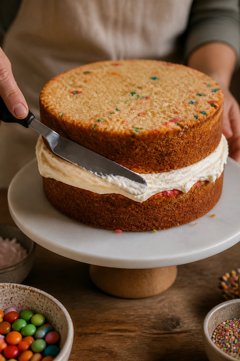Two-layer cake being layered and frosted in a warm kitchen