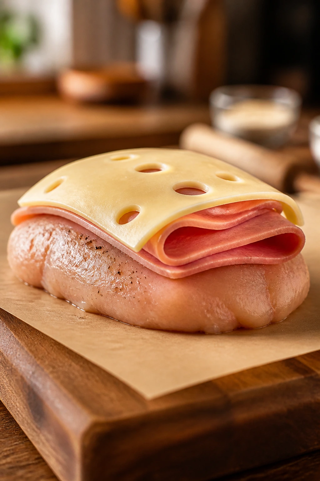 Chicken breast with ham and Swiss cheese layered on top