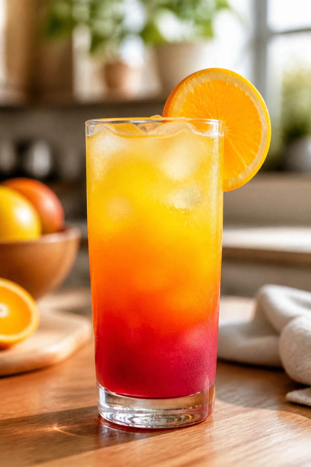 Layered tropical cooler in a clear glass with sunset colors