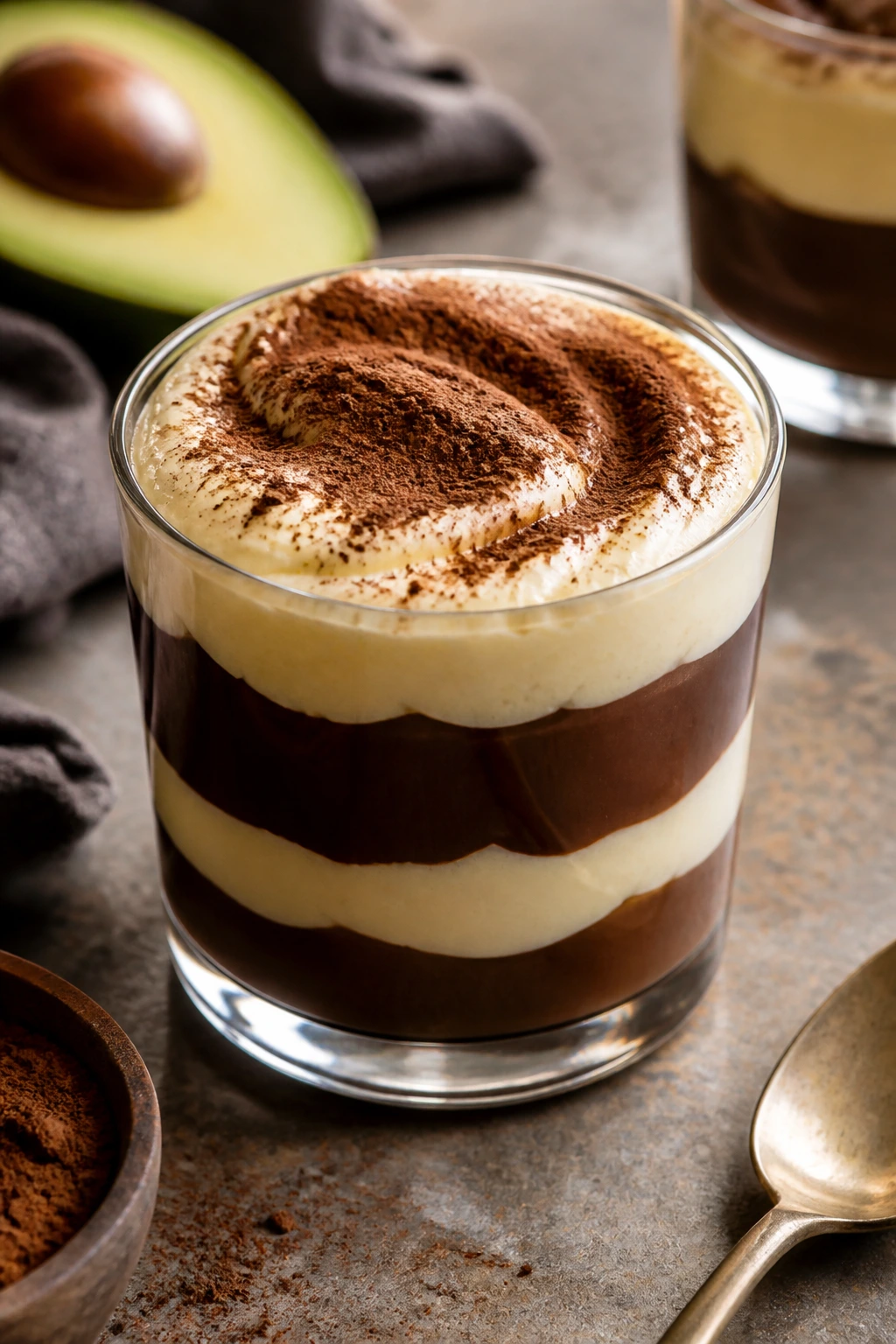 Finished layered chocolate avocado pudding dessert in a glass cup.