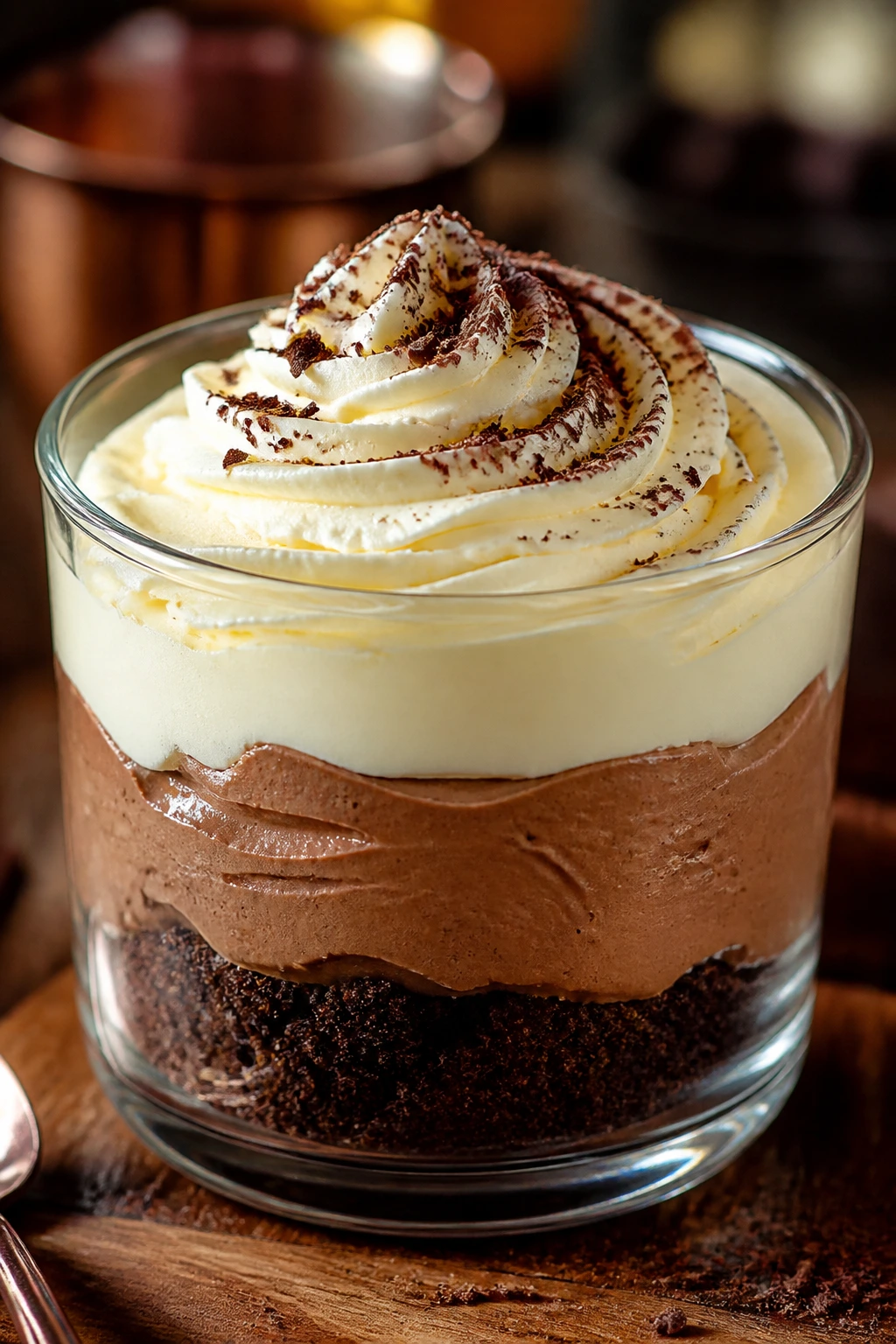 Dessert cup with three visible layers: cookie crumb base, chocolate mousse, cream cheese frosting