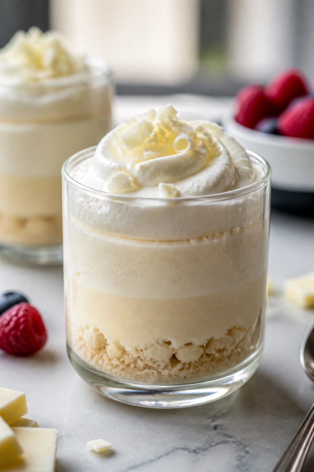 Clear cup displaying distinct layers of crumb, mousse, and frosting