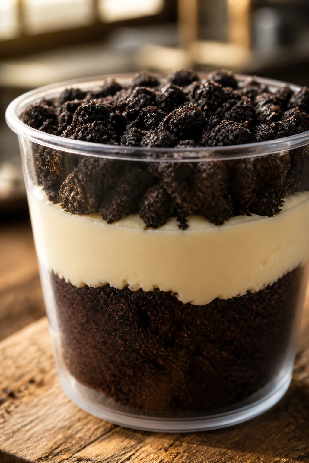 Close-up of a layered Halloween dessert cup showing cake, frosting, and cookie crumb layers in a clear cup