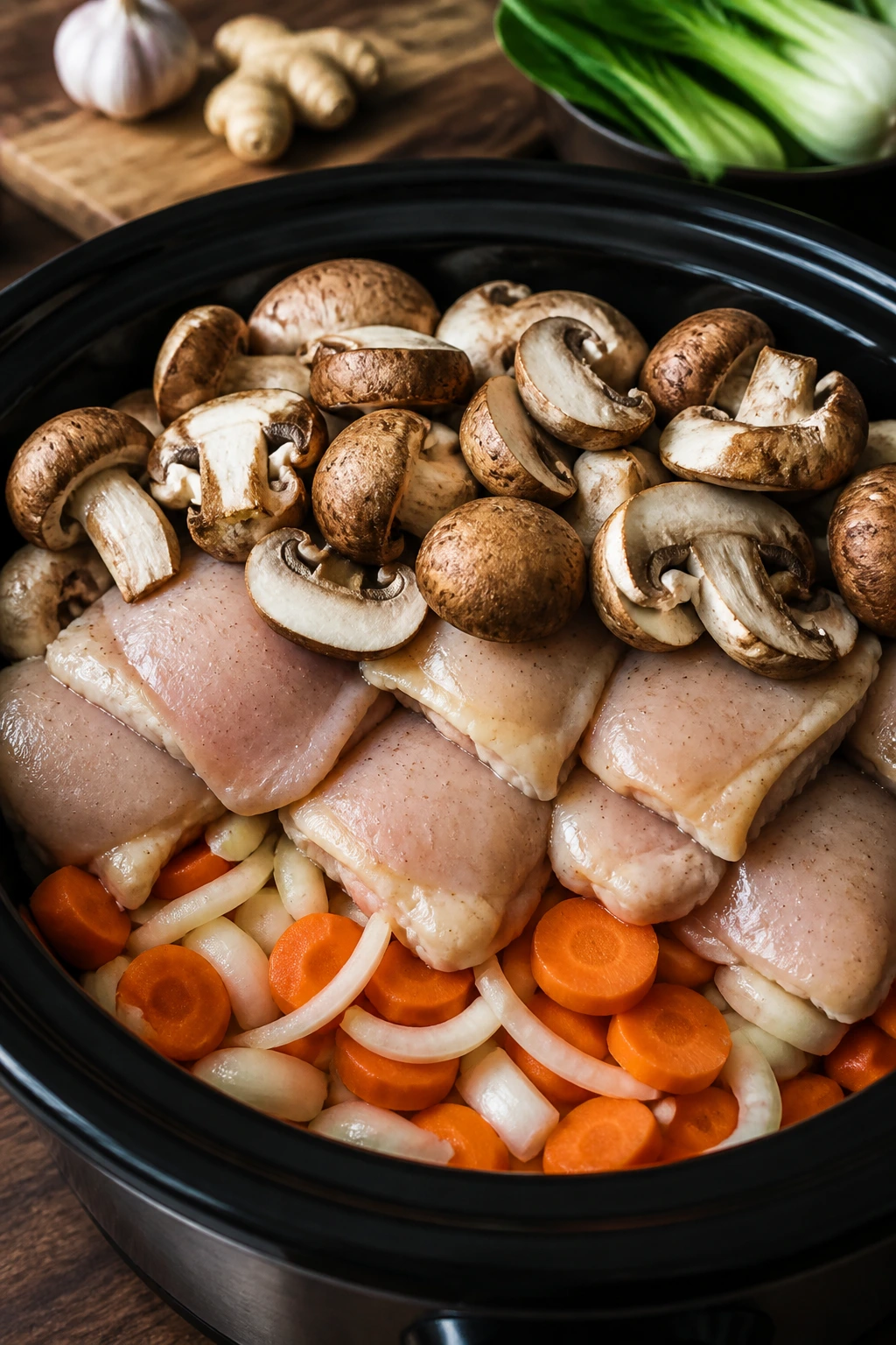 Layered ingredients in a crockpot showing prep order