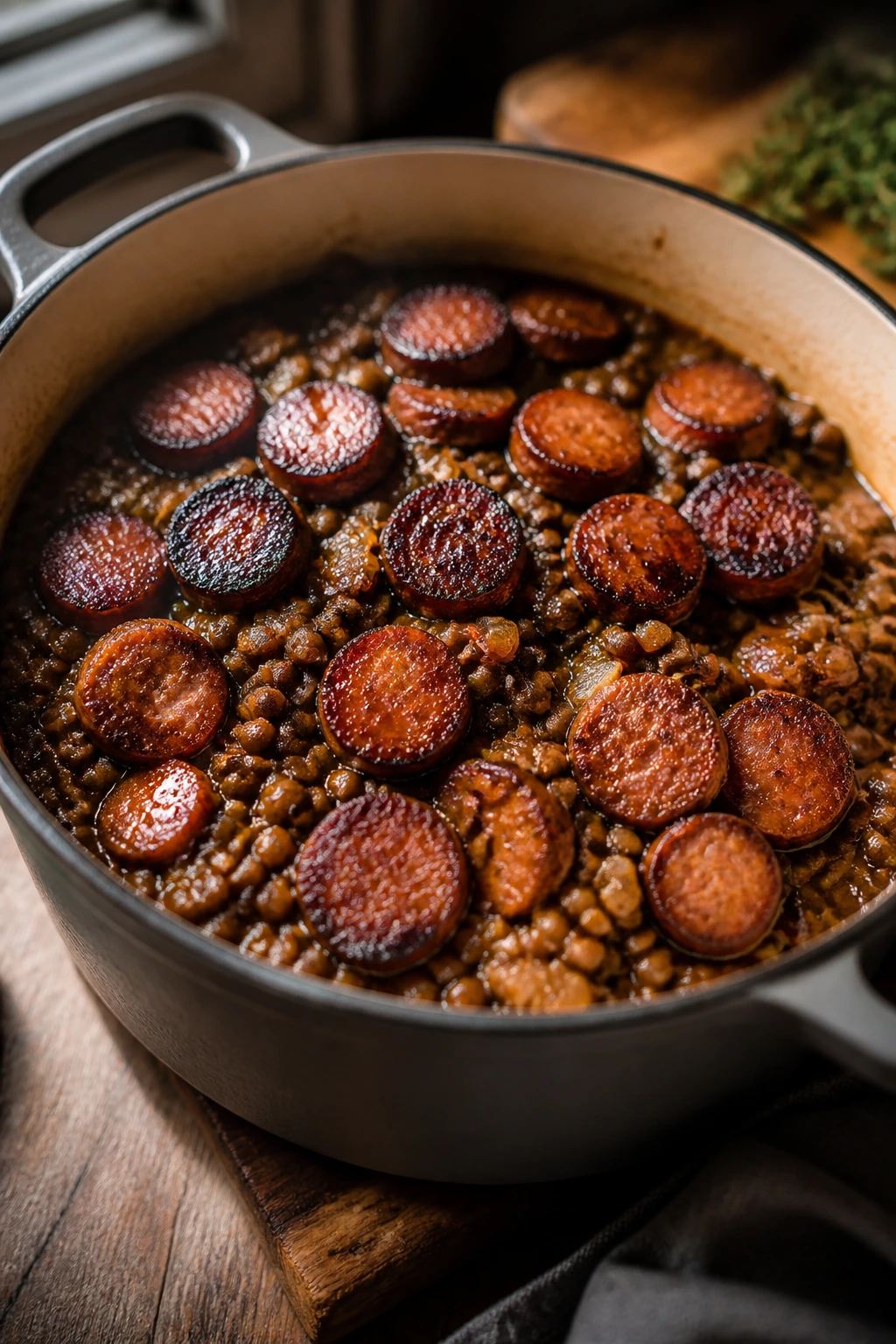 Layered lentils and sausage in a pot with glossy glaze
