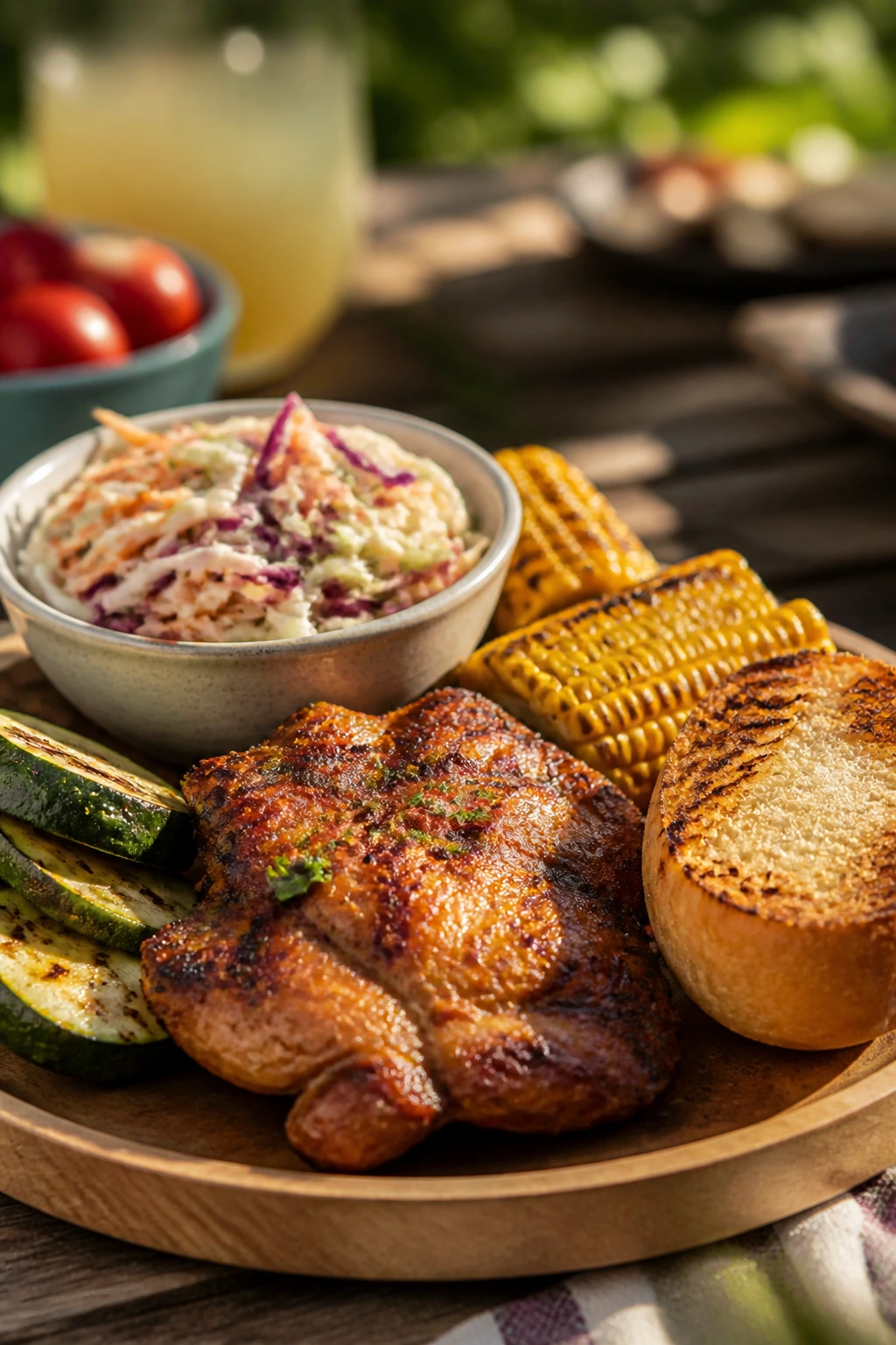 Close-up of layered picnic plate with chicken, corn, slaw, and roll