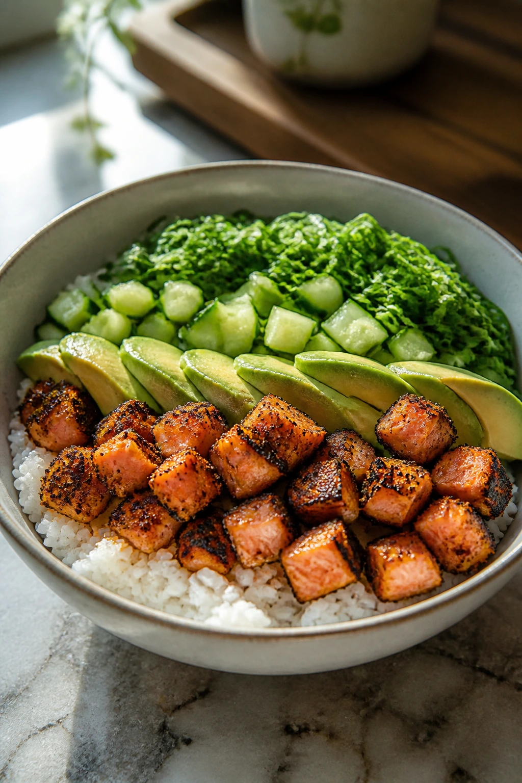 Layered poke bowl with rice, salmon, avocado and toppings