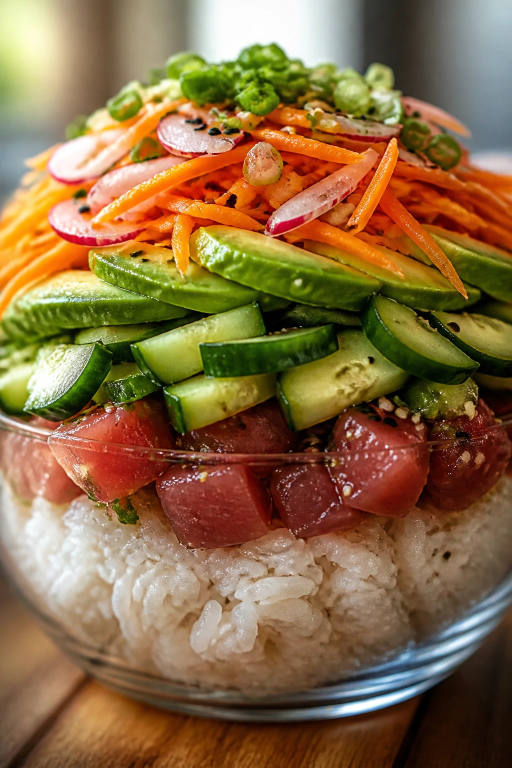 Layered poke bowl showing distinct layers of rice, fish, and vegetables