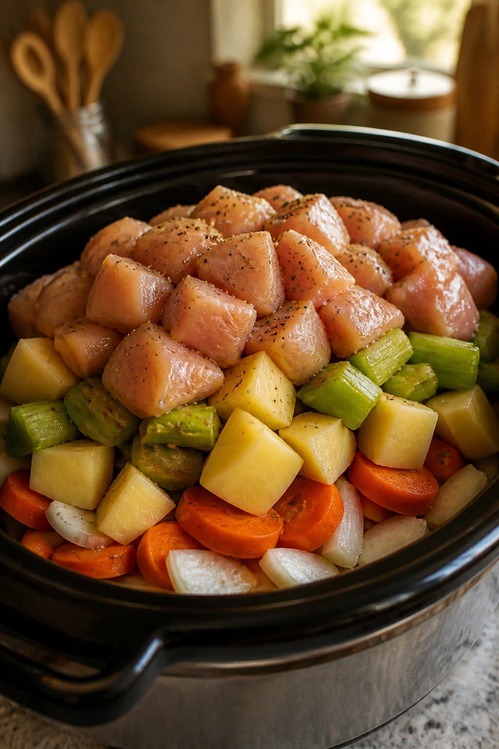 Layered ingredients in a pot showing the order for slow-cooker soup