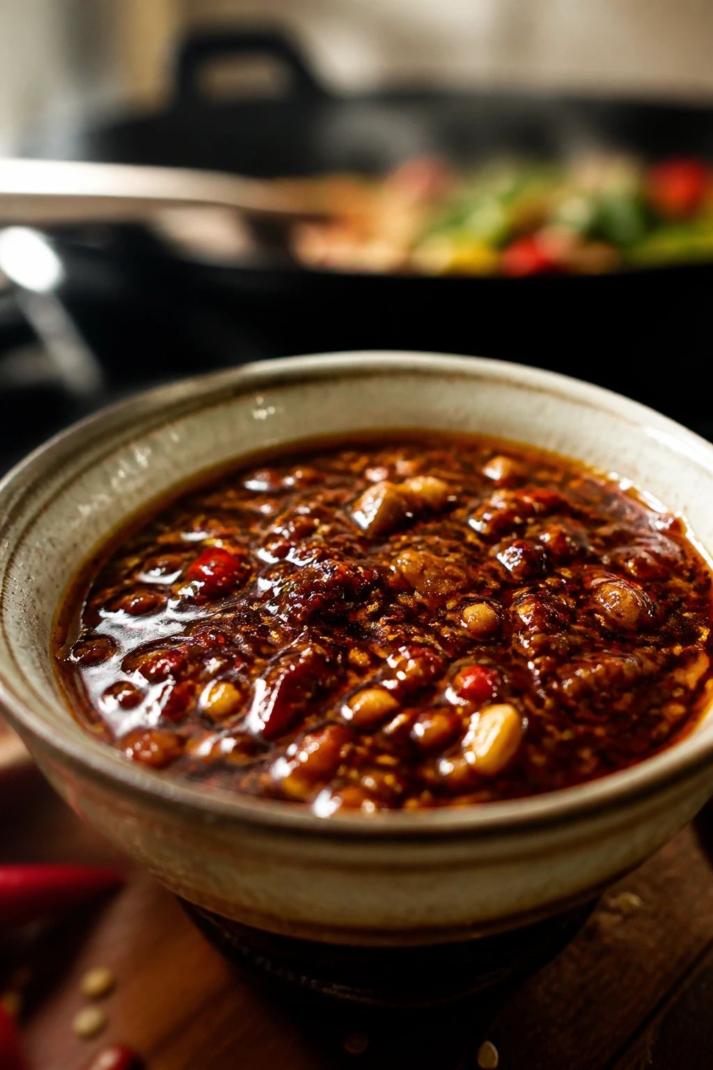 Close-up of a glossy layered stir-fry sauce in a small ceramic bowl.