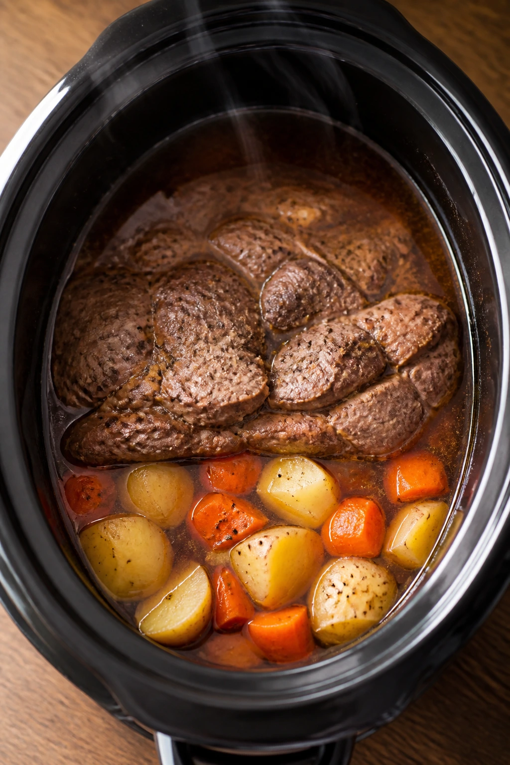 Top-down layered slow cooker ingredients with bottom potatoes and carrots and meat on top.
