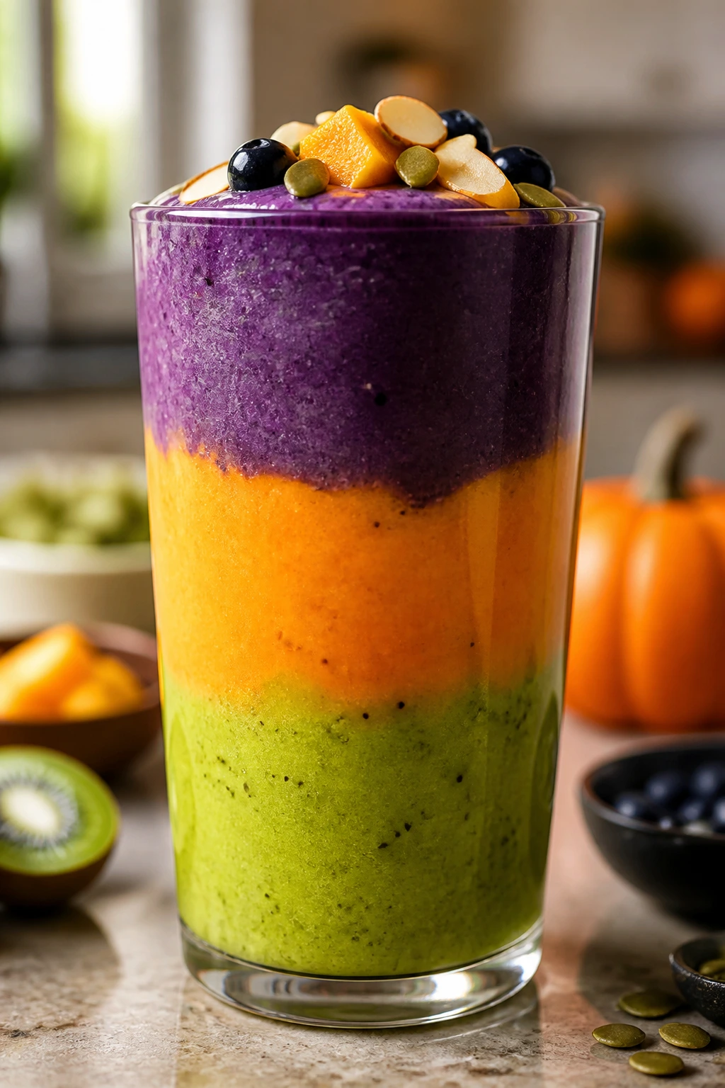 Layered colorful smoothie in a glass highlighting variations.
