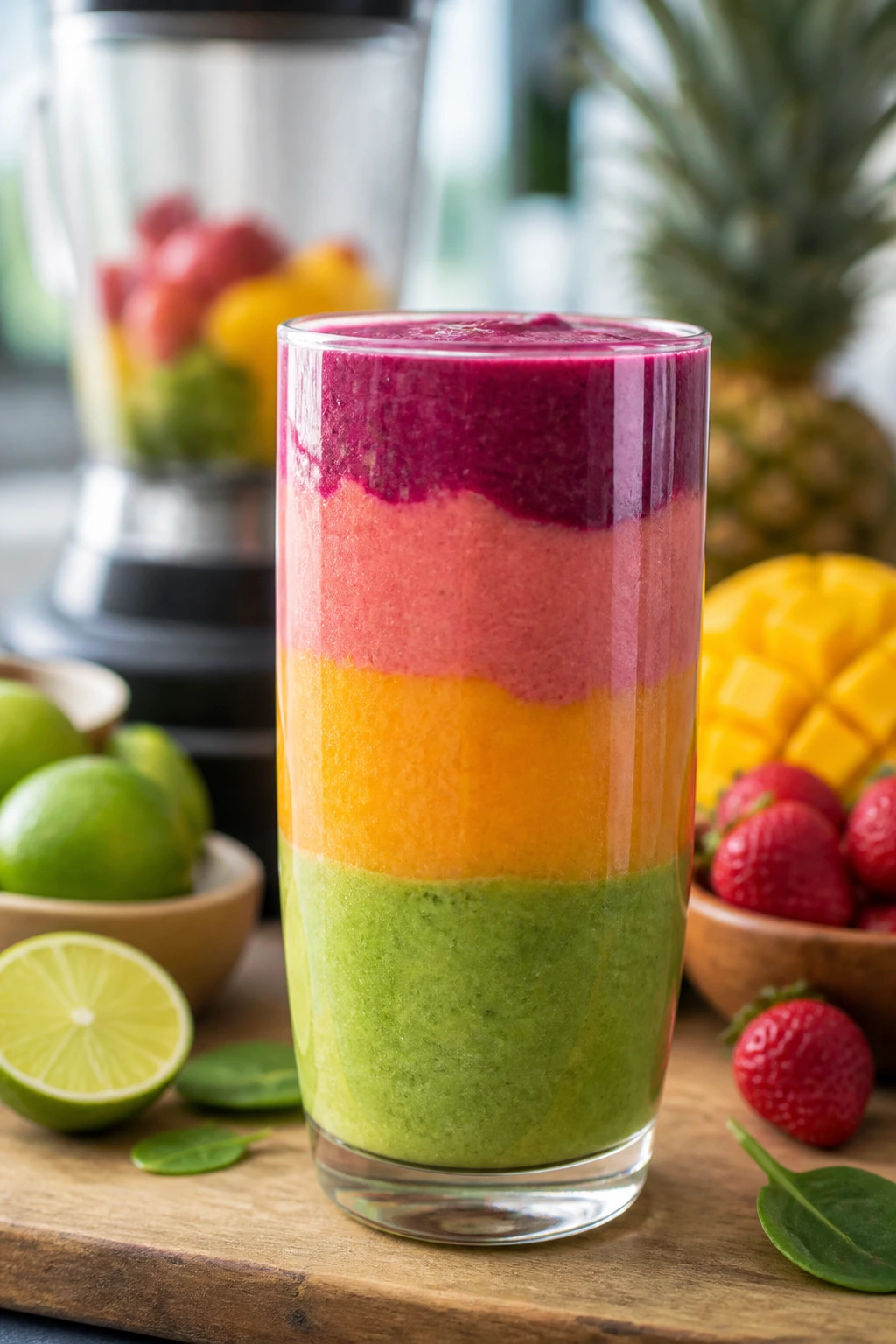 Close-up of a layered tropical smoothie in a glass showing color variations