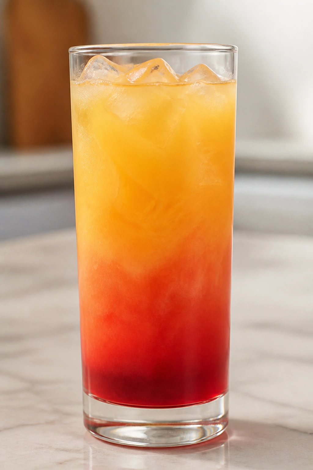 Layered sunrise cocktail in a highball glass showing distinct orange and red layers