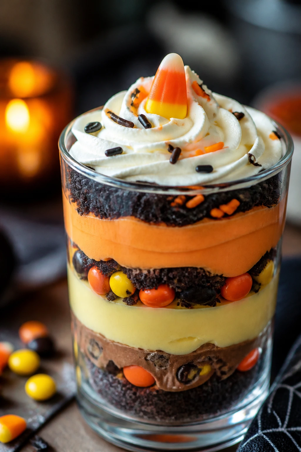 Layered Halloween trifle in a glass with candy garnish
