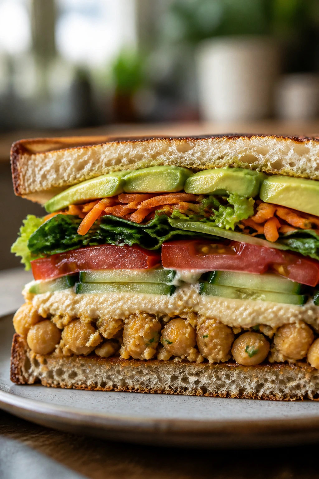 Cross-sectioned vegan sandwich layers: bread, chickpeas, hummus, vegetables, avocado
