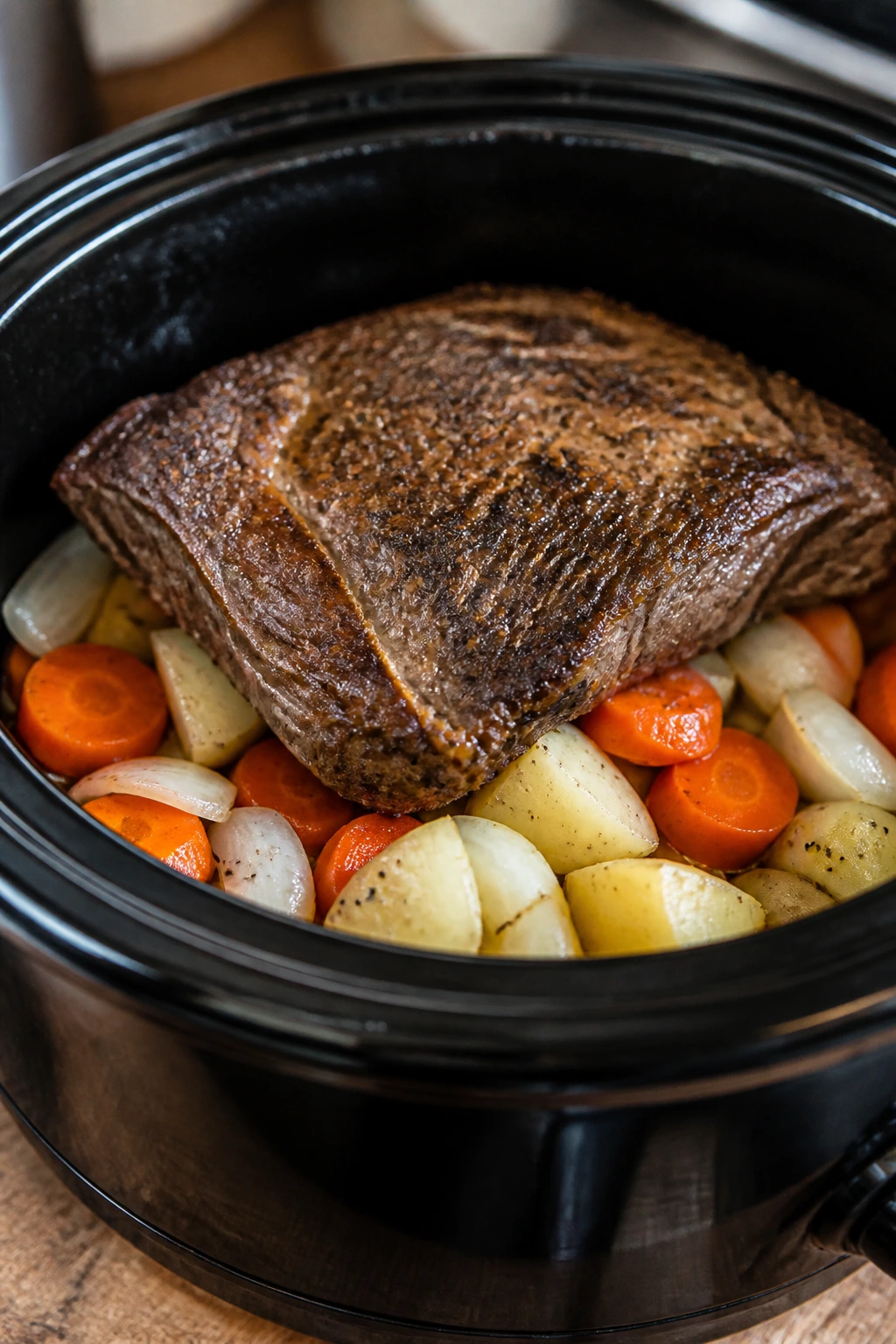 Layered vegetables and meat in a slow cooker insert