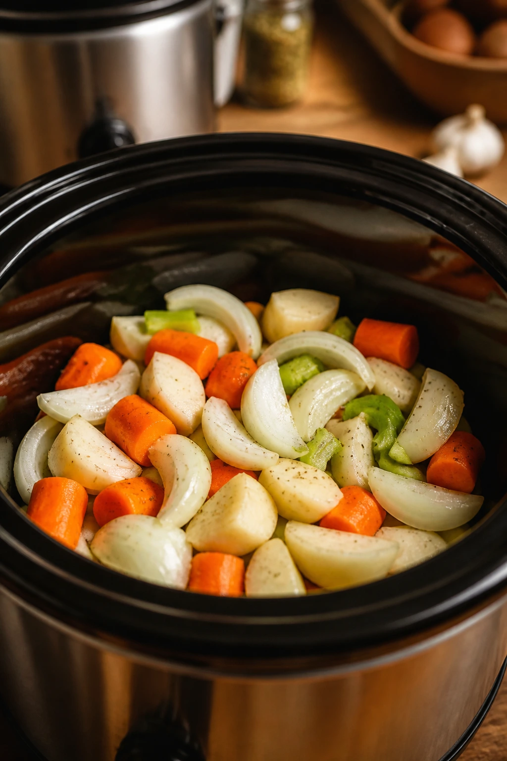 Close-up of layered onions and root vegetables in slow cooker