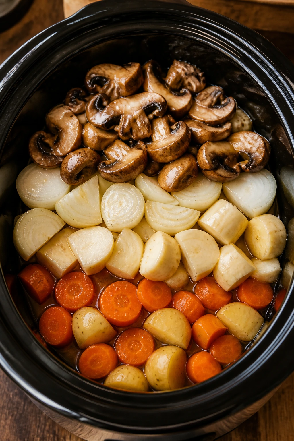 Layered vegetables in a slow cooker insert ready to cook.