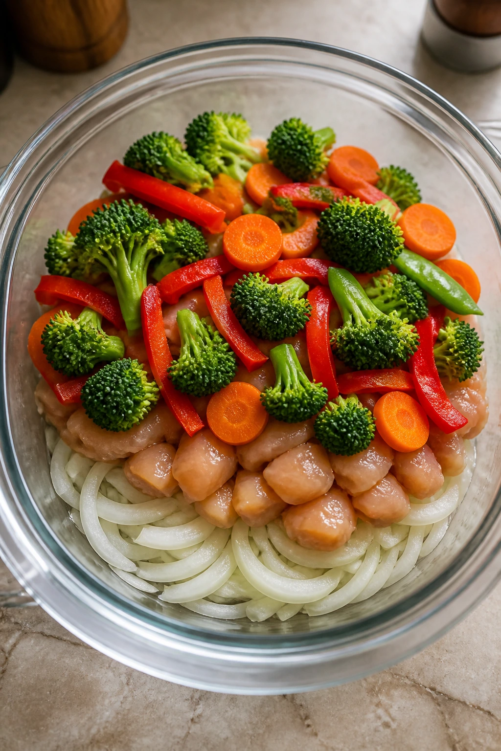 Top-down view of layered ingredients in a glass pot showing onions, protein, and vegetables