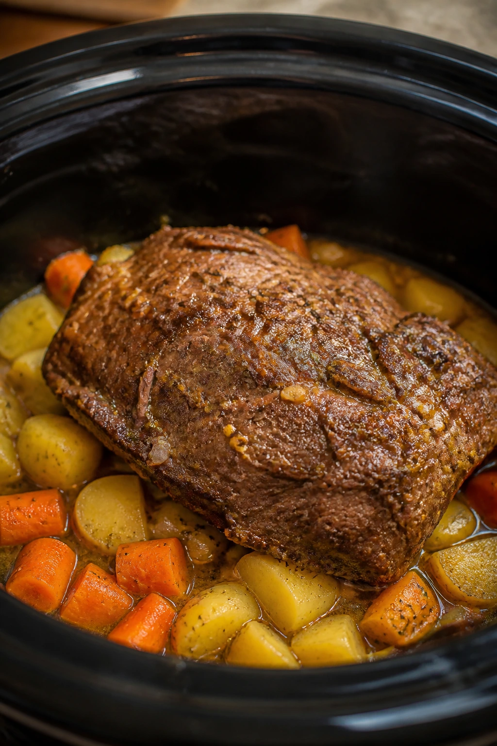 Layered slow cooker contents showing bottom vegetables and top meat