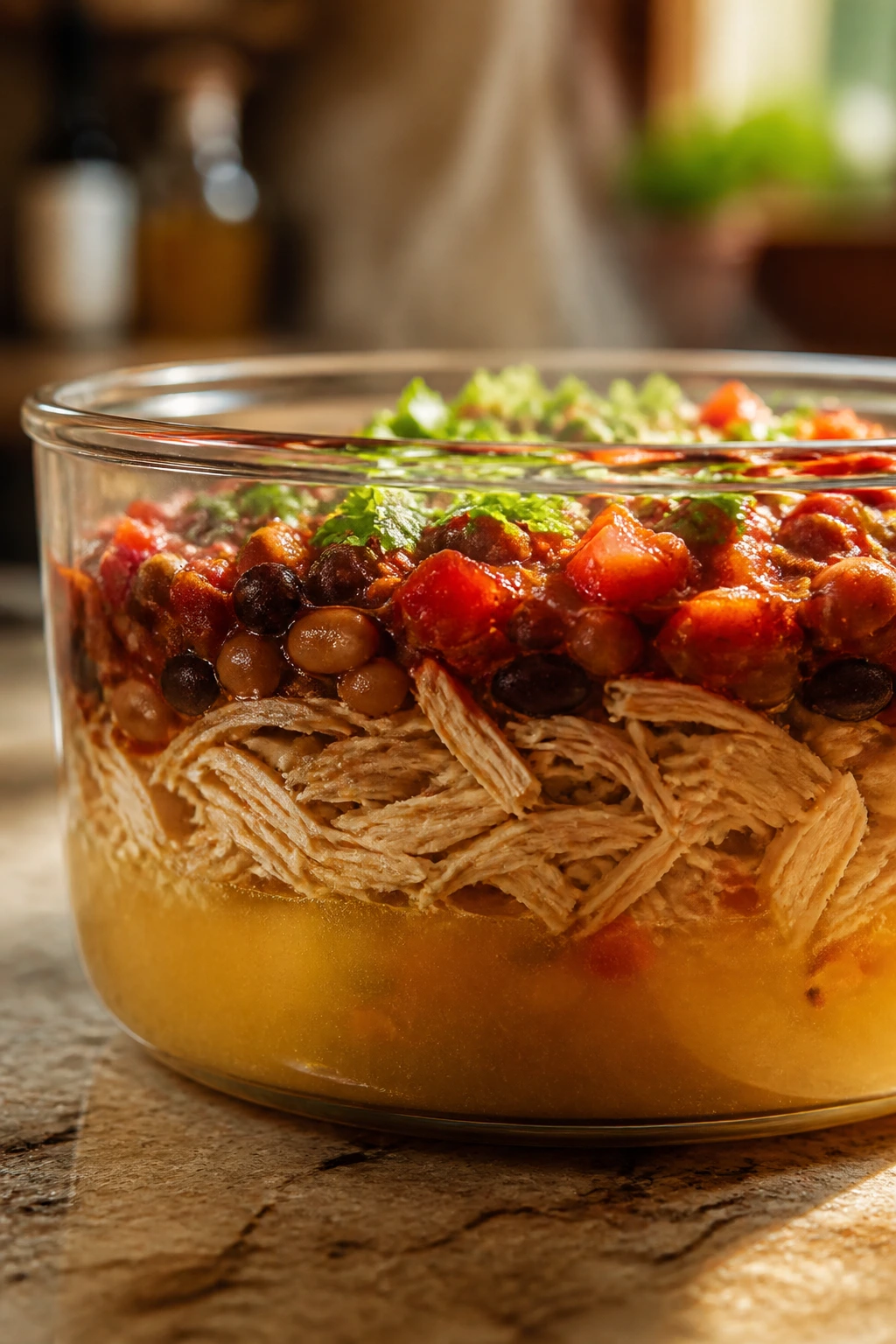 Layered soup in a glass bowl with steam rising