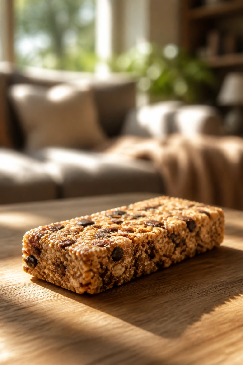 Close-up of a single protein bar on wood with warm sunlight and soft living-room blur
