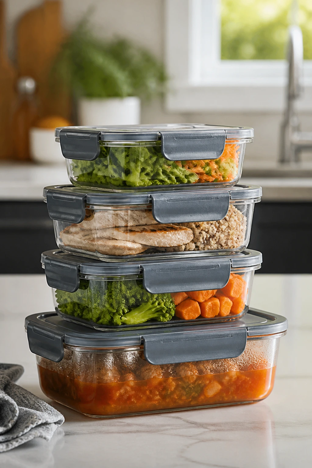 Stack of leakproof lunch containers ready for storage