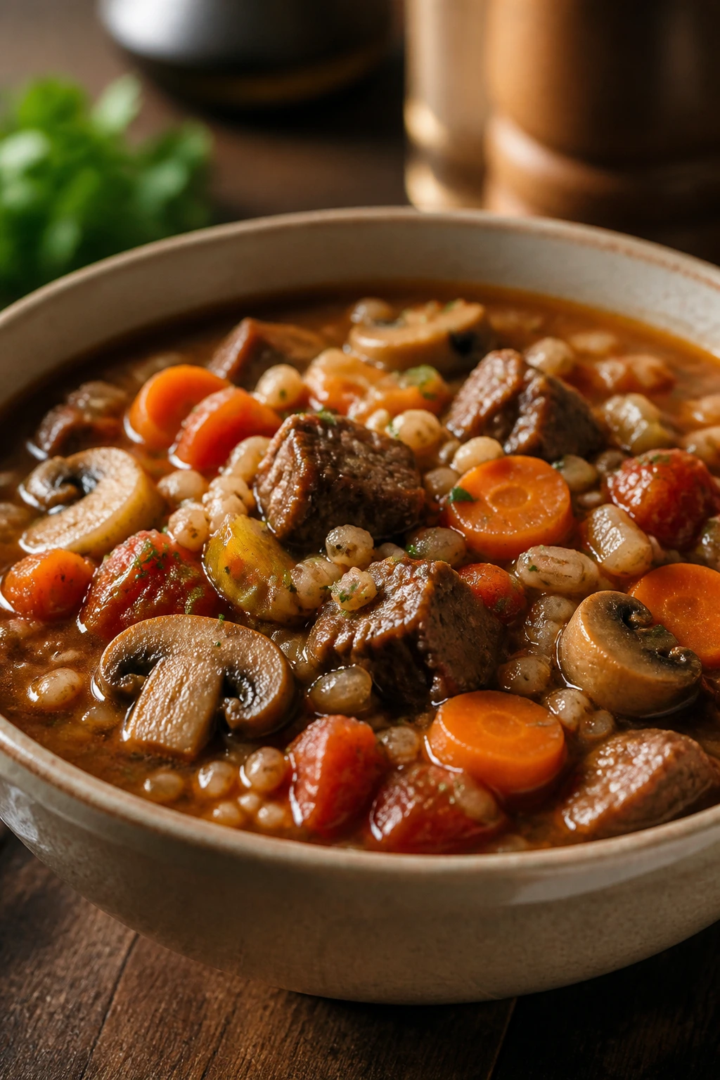 Close-up of Lean Beef Barley Vegetable Soup with beef, barley, and vegetables