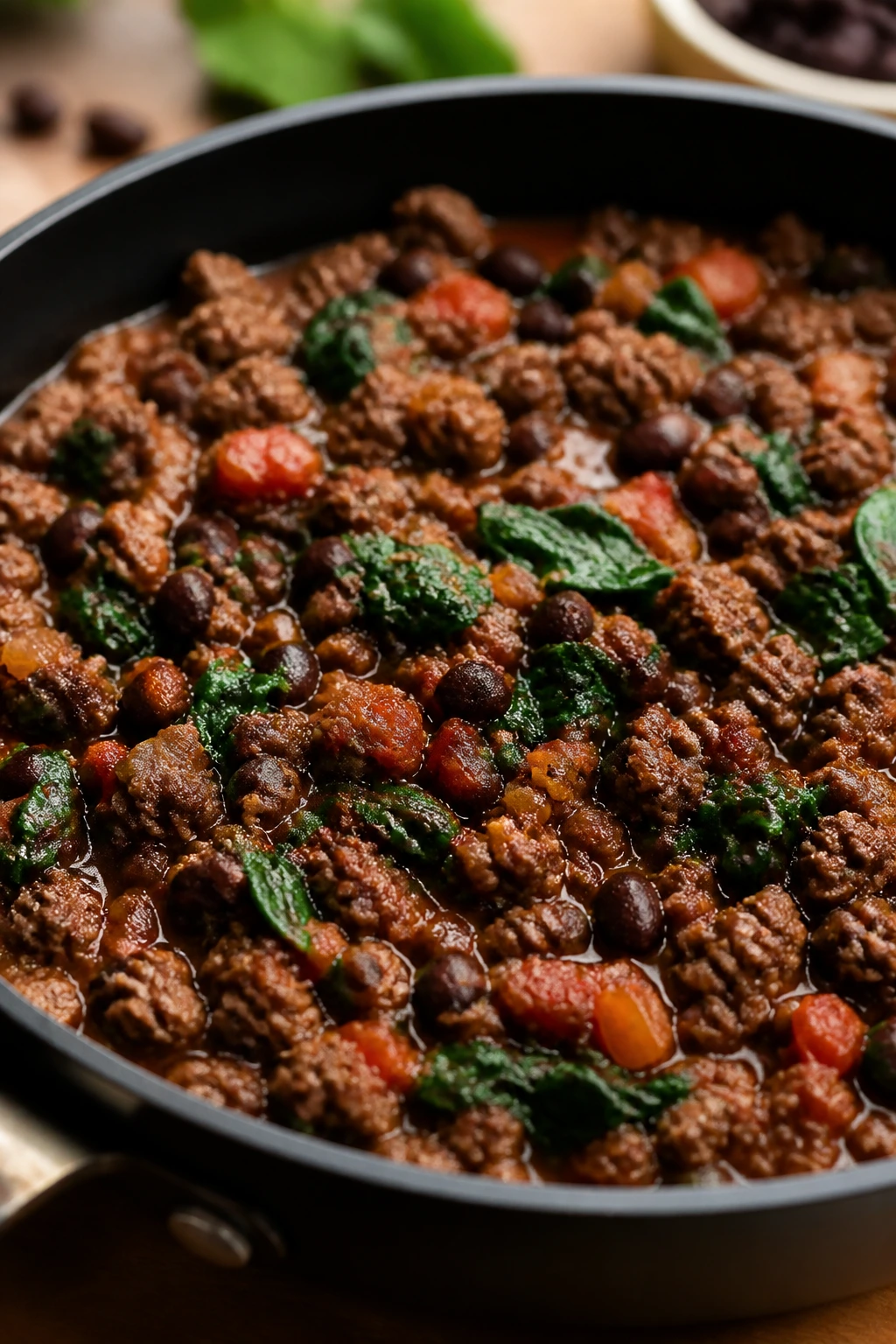 Close-up skillet dish with lean beef, black beans and spinach in salsa