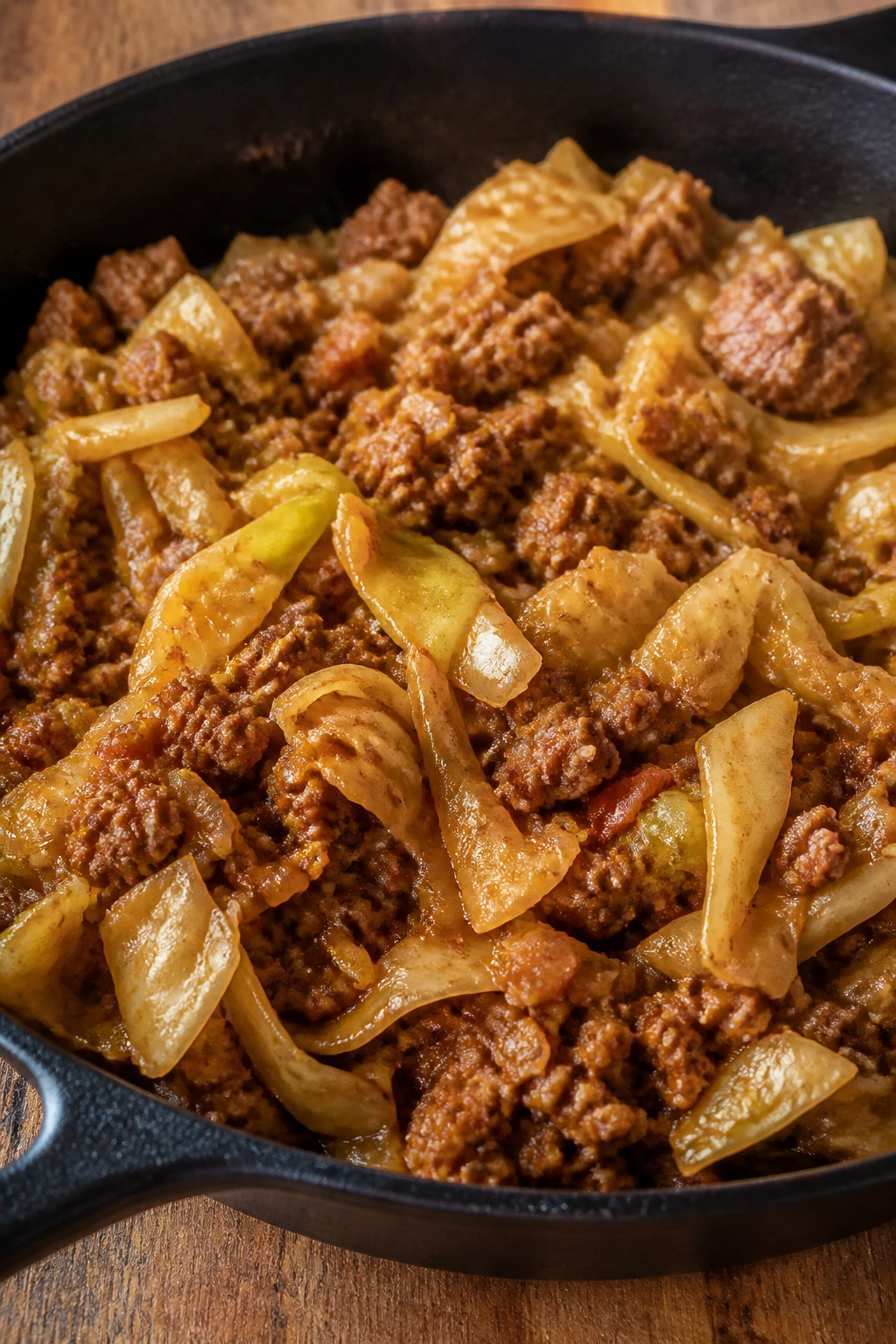 Close-up of lean beef and cabbage skillet in cast iron pan