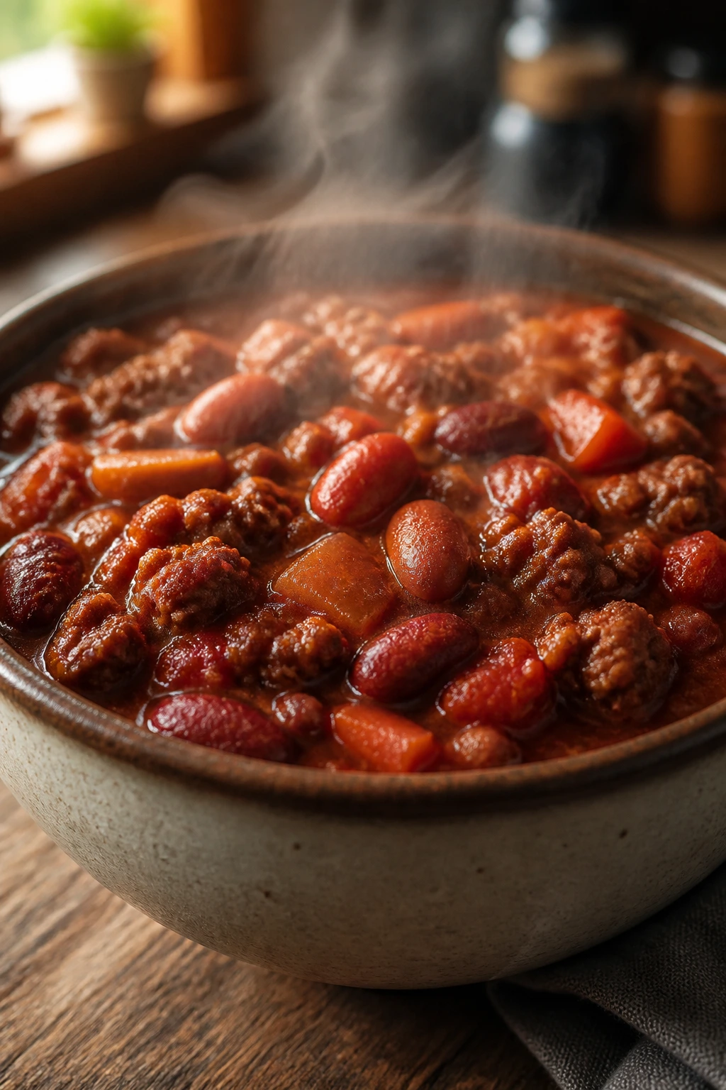 Close-up of lean beef chili with beans in a rustic bowl