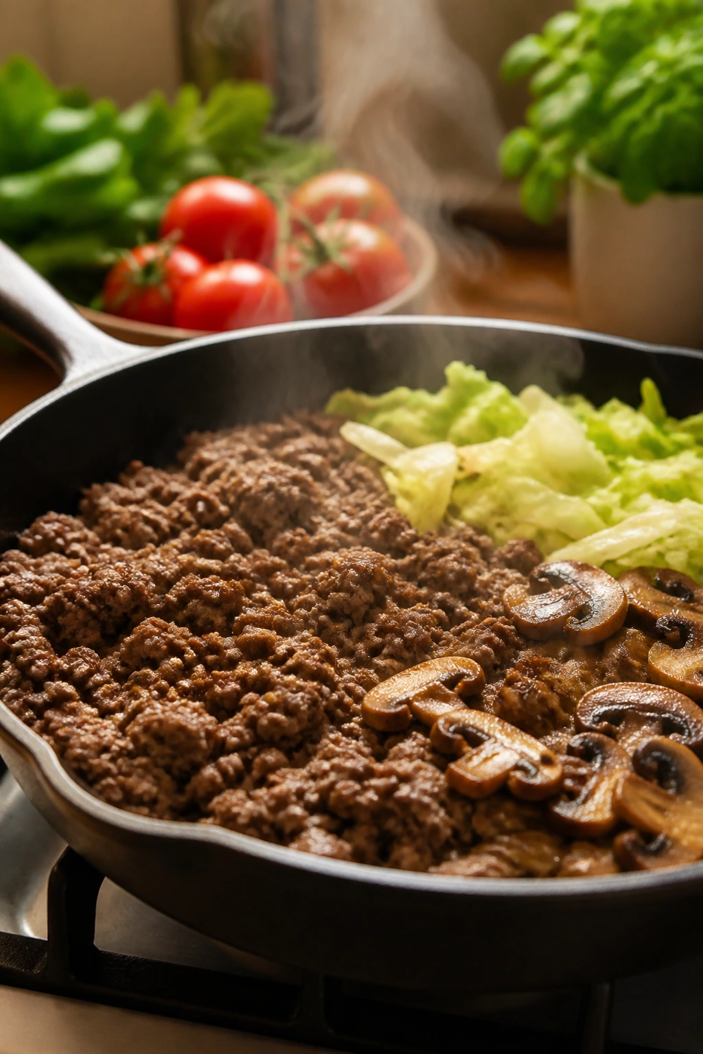 Close-up of lean ground beef browning in a skillet with vegetables.