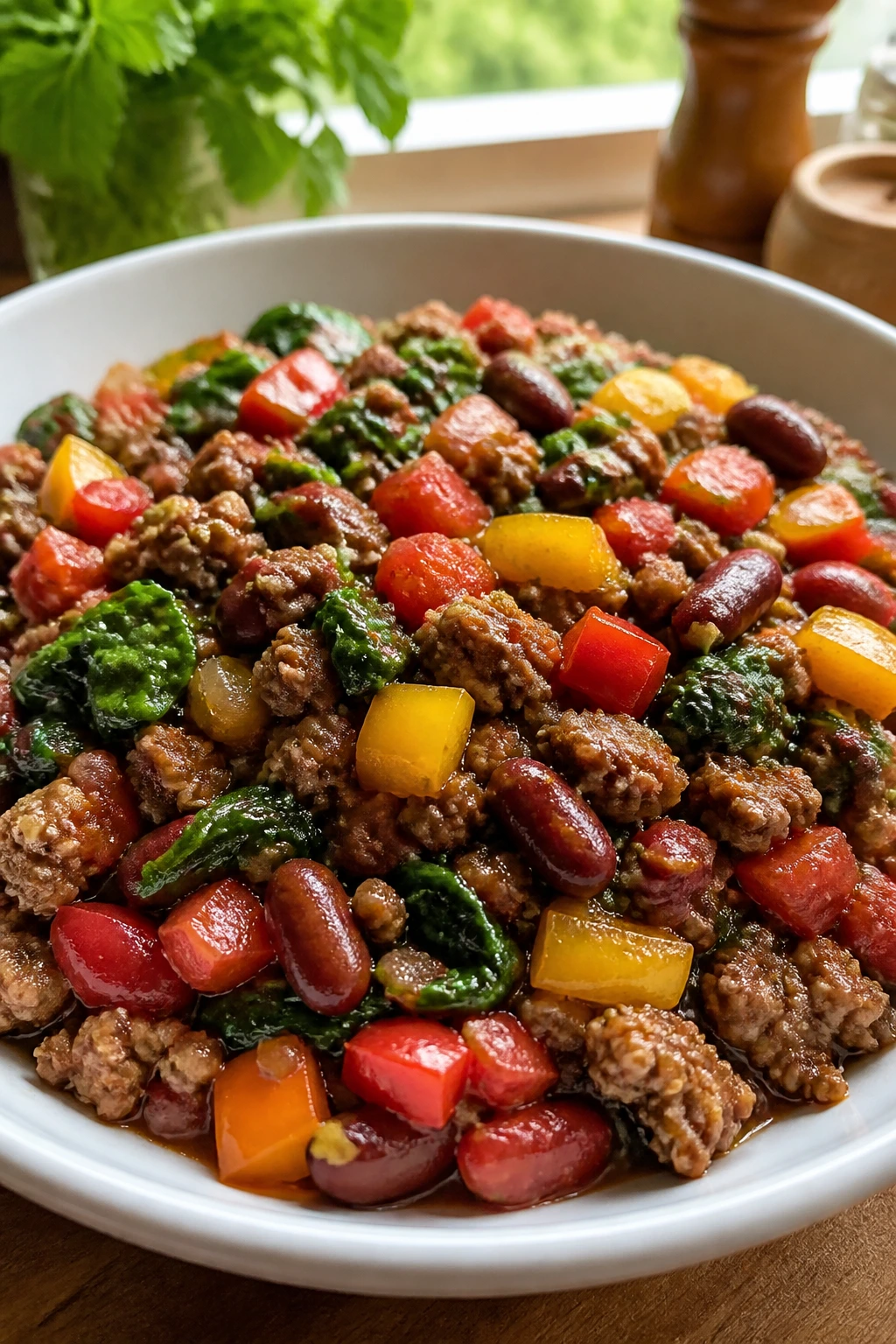 Close-up plate of lean beef with vegetables in a cozy kitchen