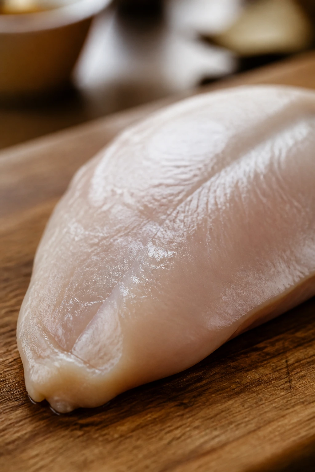 Lean boneless chicken breast on cutting board in kitchen