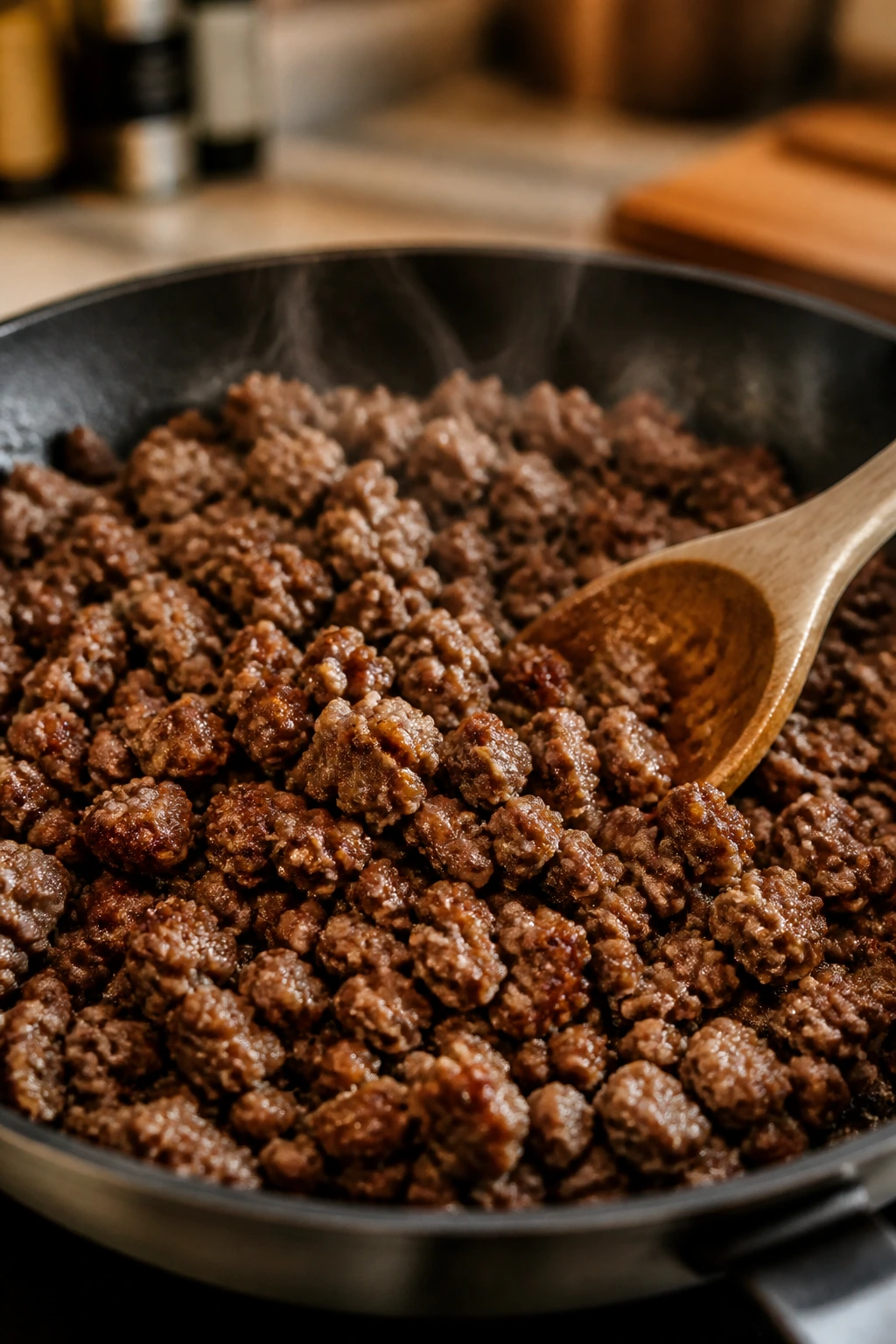 Close-up of browned lean ground beef in a skillet