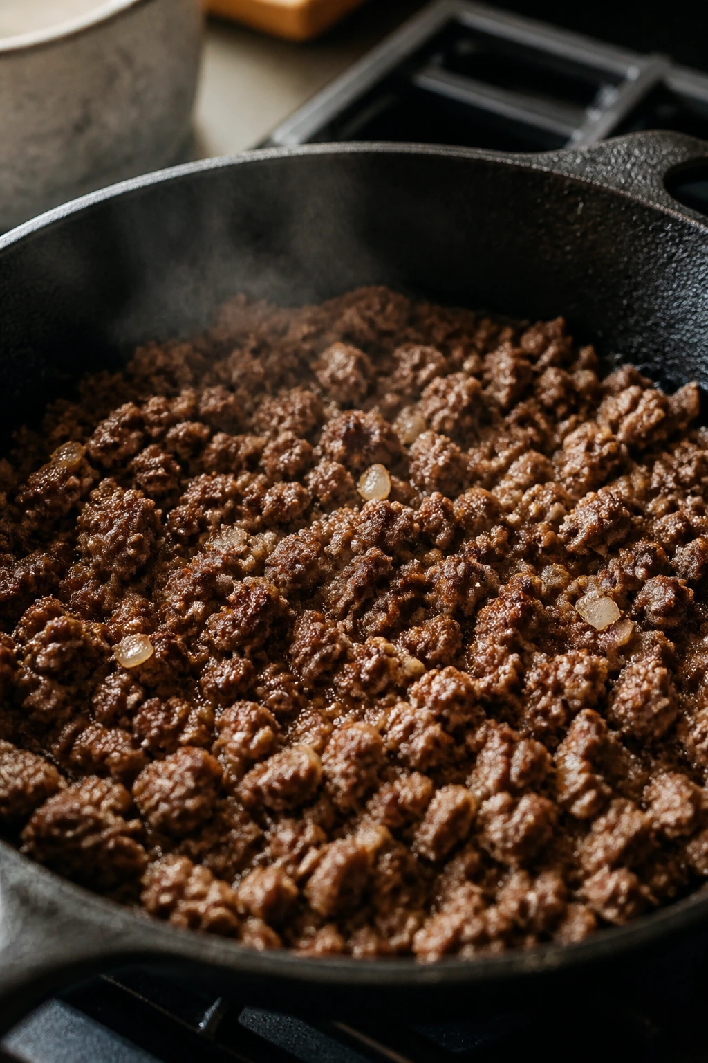 Close-up of browned lean ground beef in a skillet