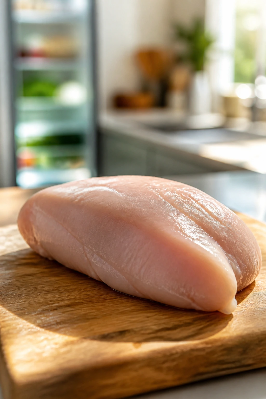 Close-up of a chicken breast on a cutting board in a kitchen