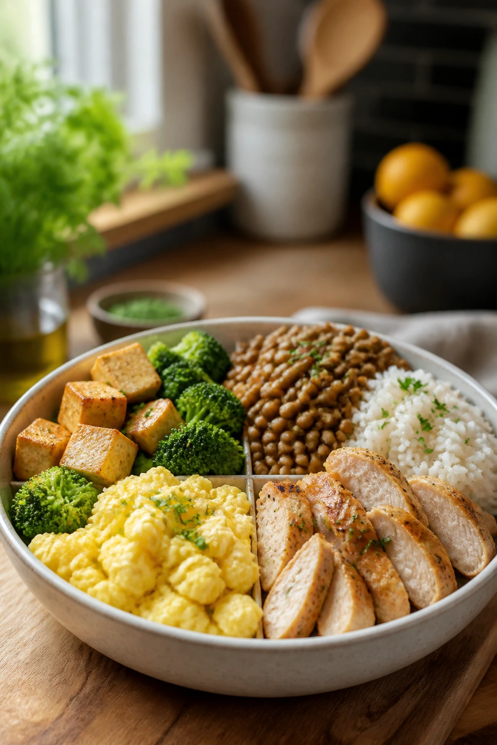 Partitioned lean-meal bowl showing multiple protein options in a warm kitchen