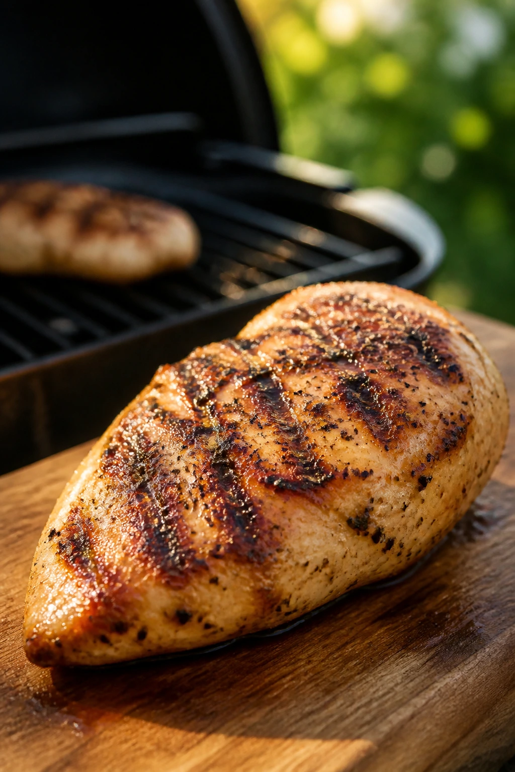 Juicy lean chicken breast with sear marks on a cutting board
