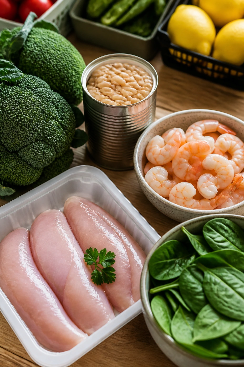 Grocery display with lean proteins, beans, and fresh produce for healthy meals
