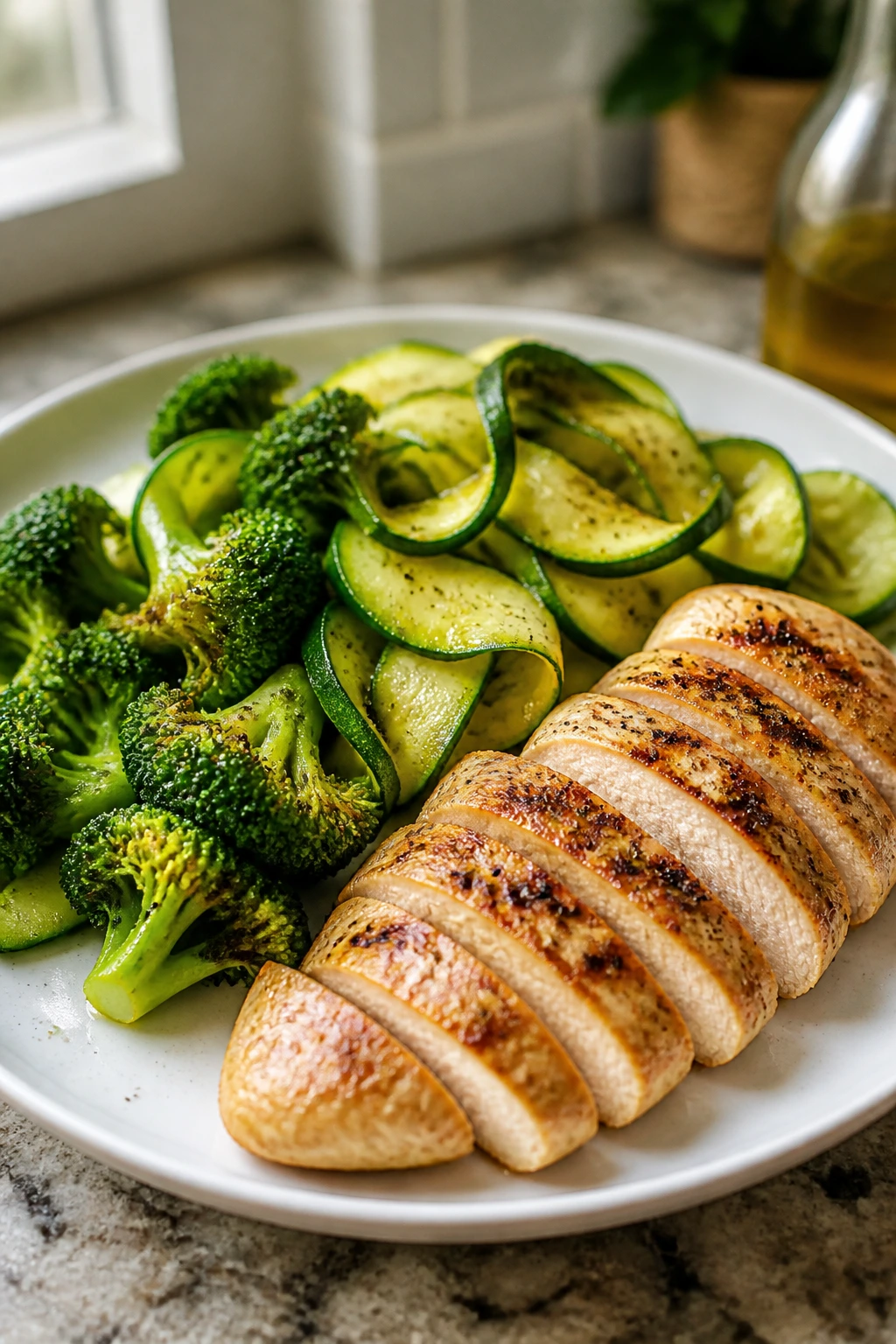 Close-up plate of lean protein with vegetables for a lean low-carb dinner under 500 calories