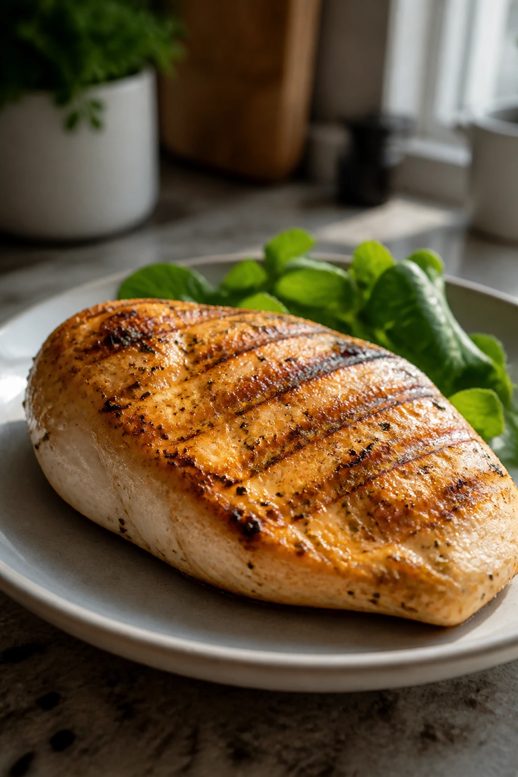 Grilled chicken breast on a plate with minimal sides