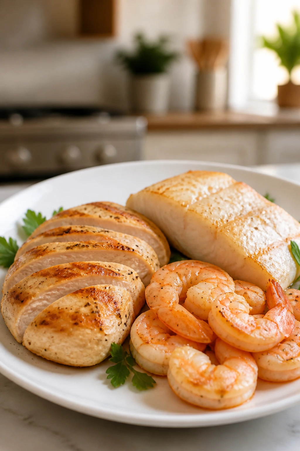 Plate showing chicken, shrimp, and white fish as lean protein options